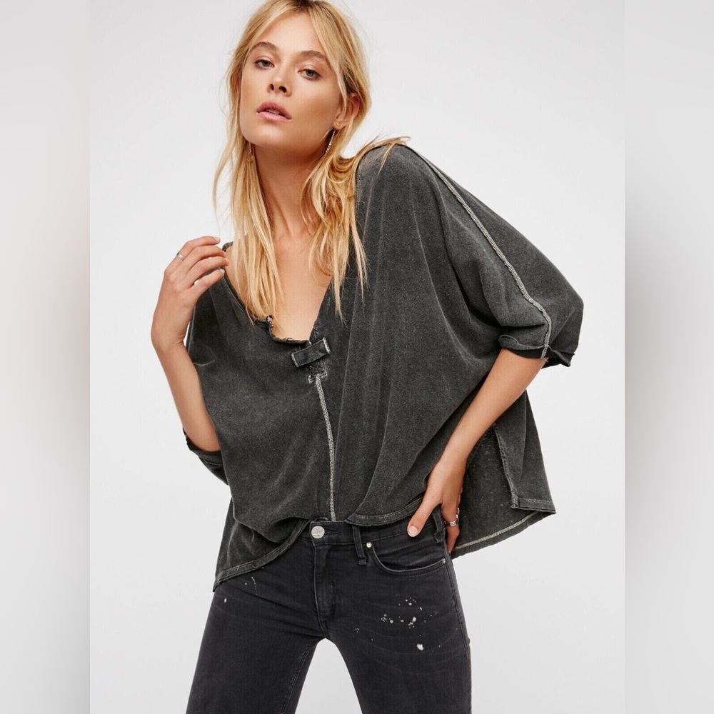 We the Free First Base Henley Drop Shoulder Top Acid Wash Indie Boho Shirt Small - Picture 3 of 8